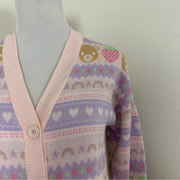Hot Topic Pastel Teddy Bear & Strawberries Cardigan Longline Sweater Kawaii - Picture 8 of 17